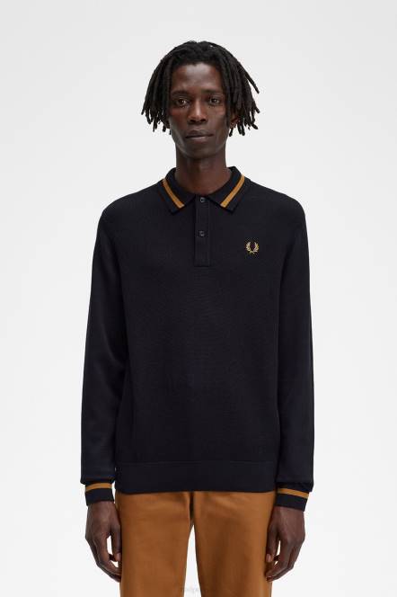 Fred Perry muškarci teksturirana prednja pletena košulja N42N472 odjeća crno