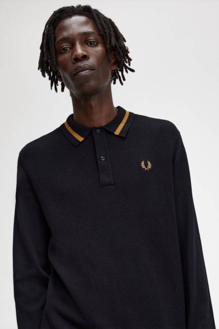 Fred Perry muškarci teksturirana prednja pletena košulja N42N472 odjeća crno