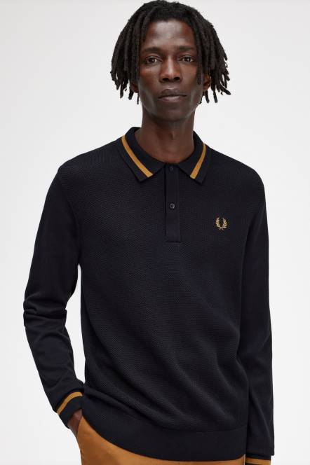 Fred Perry muškarci teksturirana prednja pletena košulja N42N472 odjeća crno